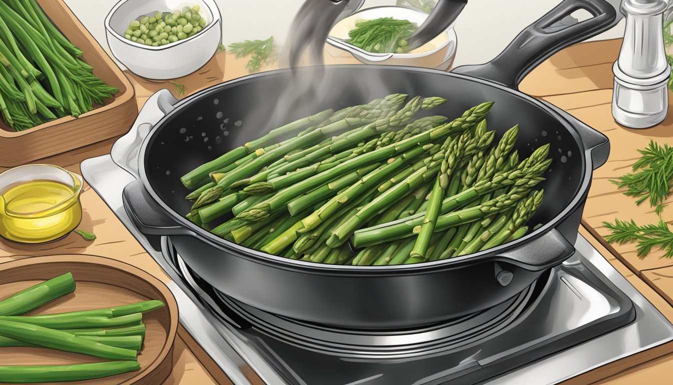 A chef sautés a mix of asparagus and green beans in a sizzling pan, adding a sprinkle of herbs for flavor