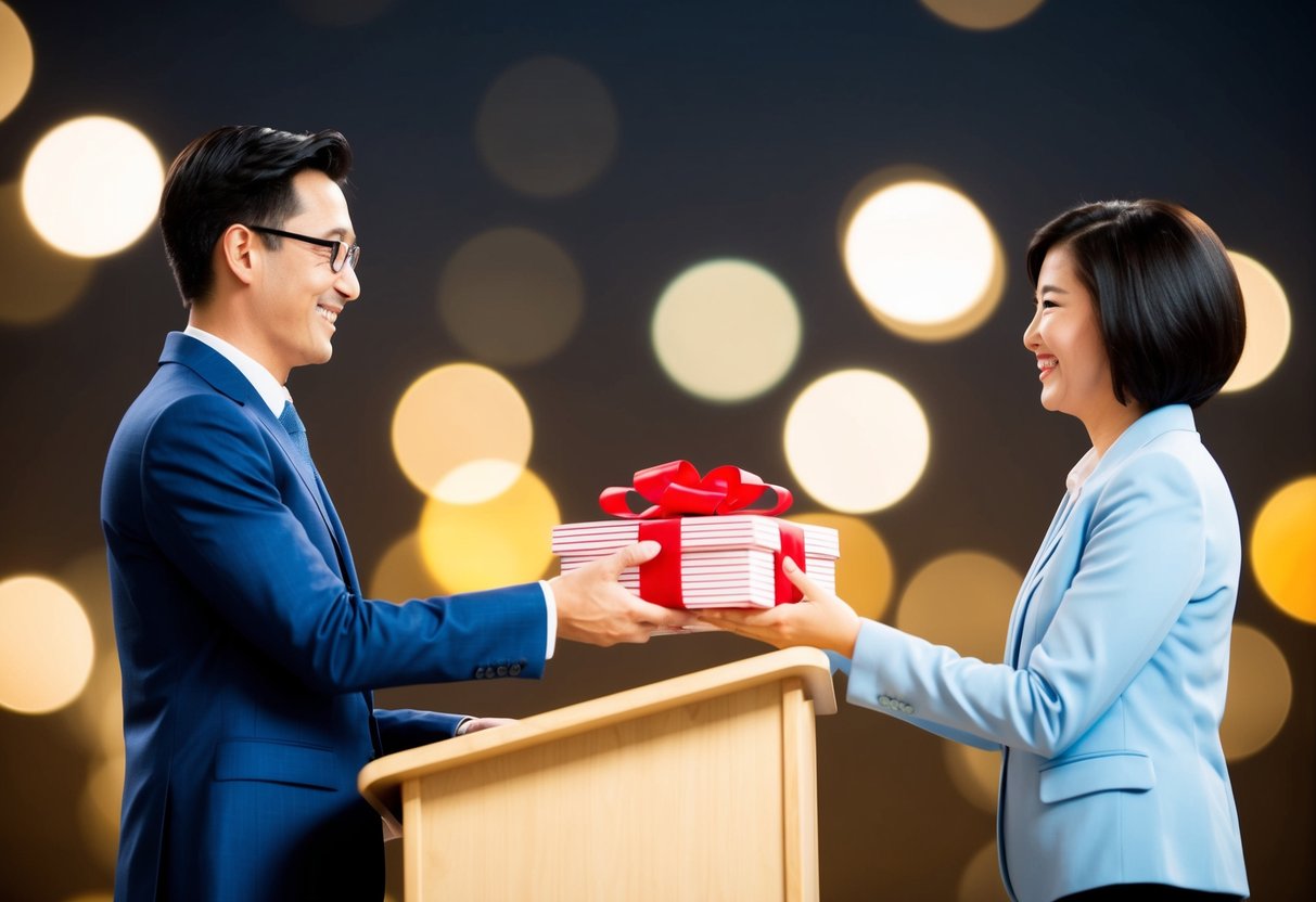 A person presenting a gift to someone standing at a podium. The recipient is smiling and the presenter has a grateful expression