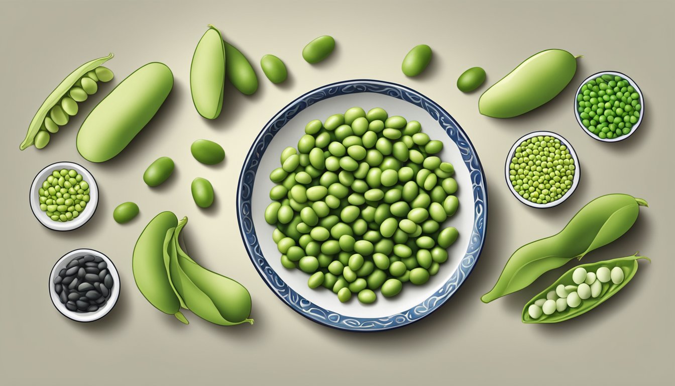 A plate with fava beans, peas, and edamame, each in separate sections for comparison. Texture is shown through the varying sizes and shapes of the beans