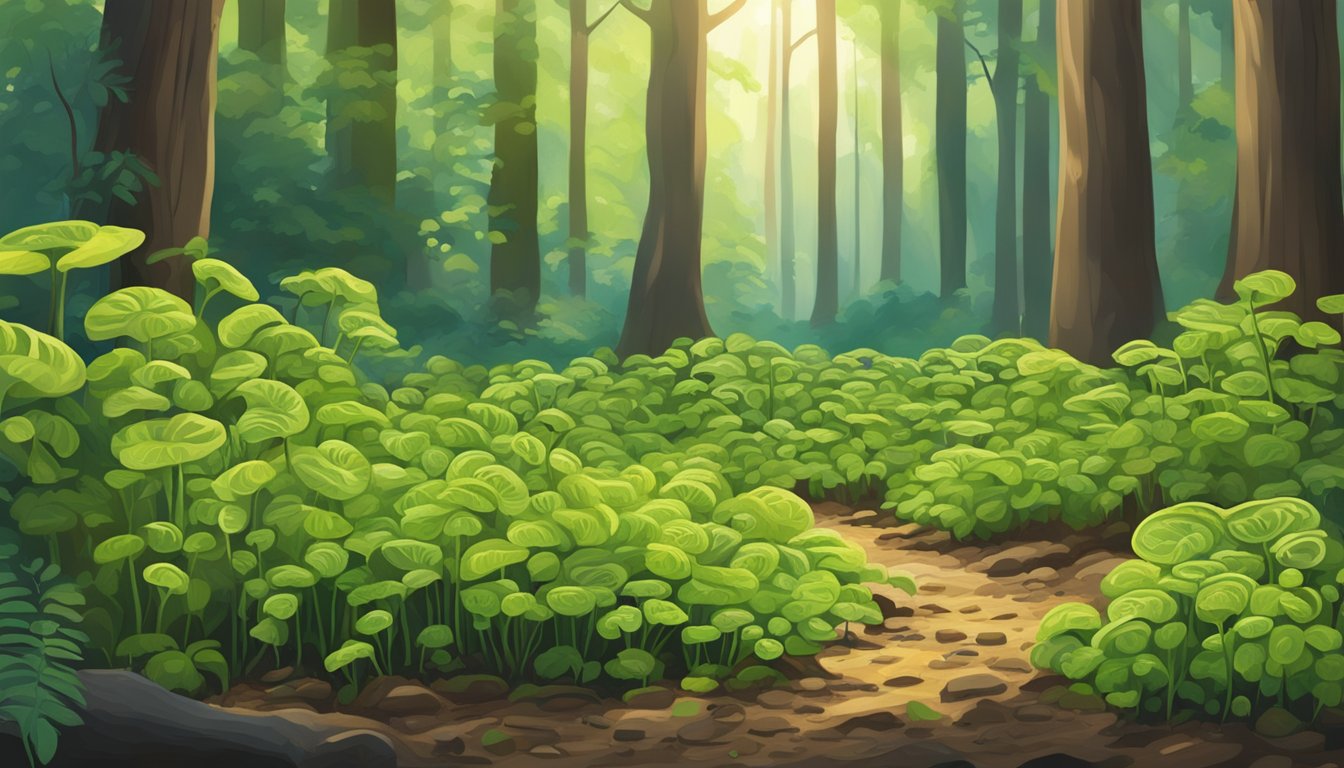 A vibrant forest floor with fiddlehead ferns sprouting from the earth, surrounded by dappled sunlight filtering through the trees