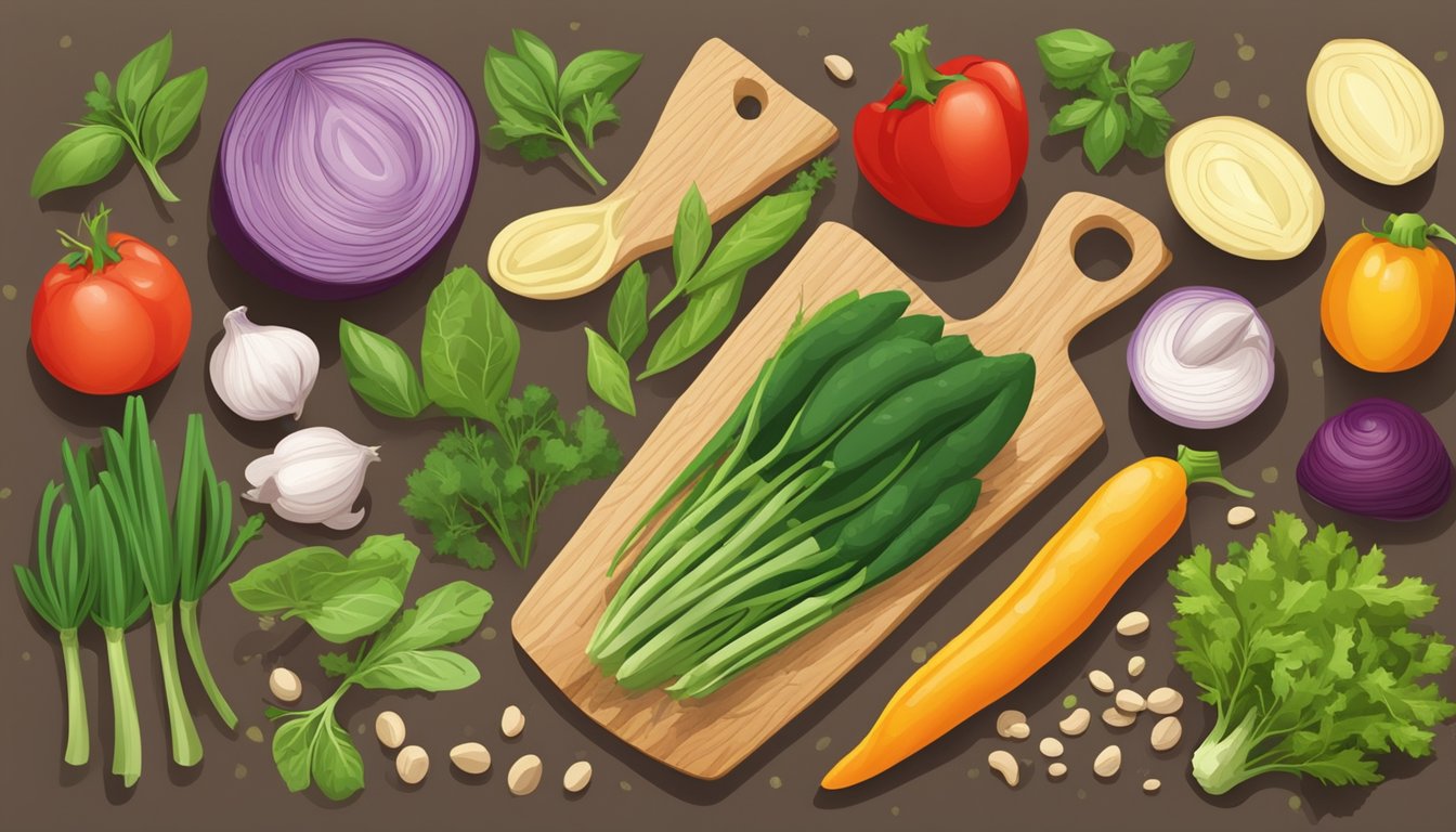 A variety of fava bean substitutes arranged on a wooden cutting board with colorful vegetables and herbs scattered around