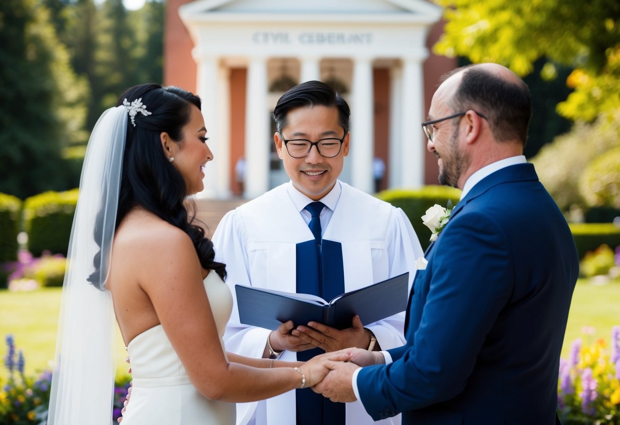 A civil celebrant officiating a wedding ceremony in a courthouse, while a celebrant leads a non-religious ceremony in a scenic outdoor setting