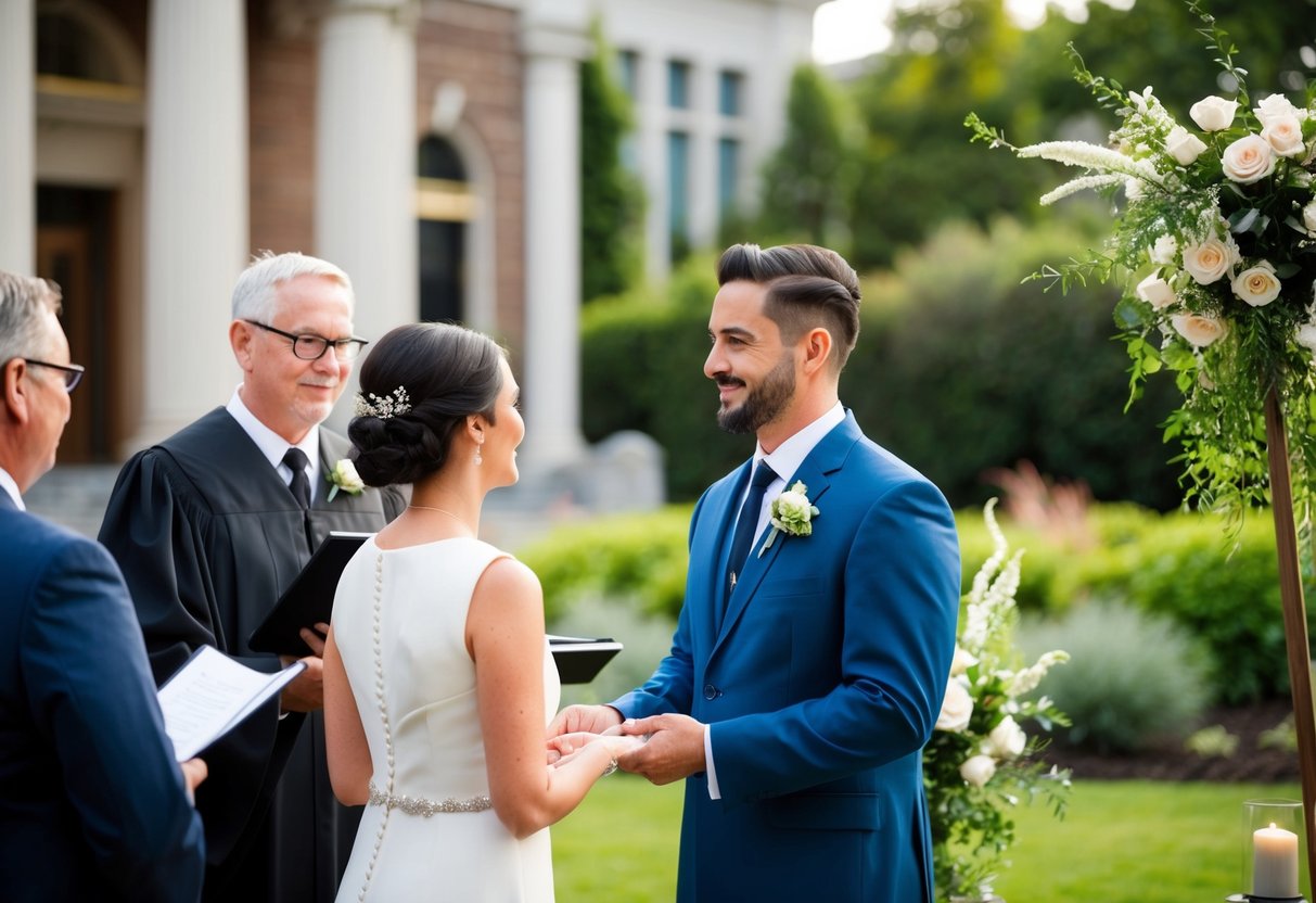 A civil celebrant officiating a wedding ceremony in a courthouse, while a celebrant leads a non-religious ceremony in a garden setting