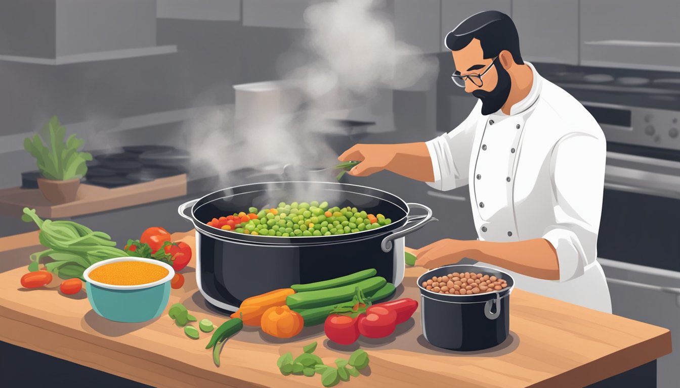 A chef stirs a pot of colorful vegetables and beans simmering on a stovetop. On a cutting board, fava beans are being replaced with alternative legumes