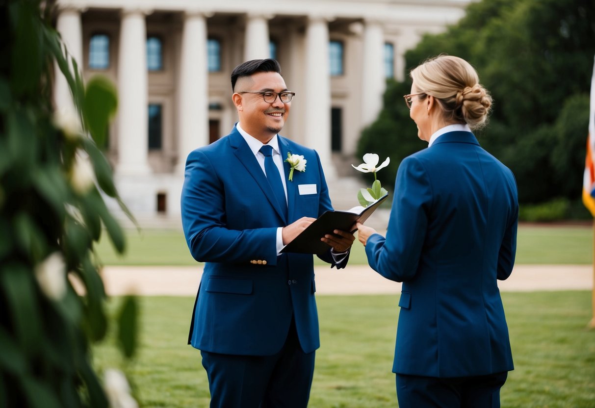 A civil celebrant stands in front of a government building, while a celebrant conducts a ceremony in a natural, outdoor setting
