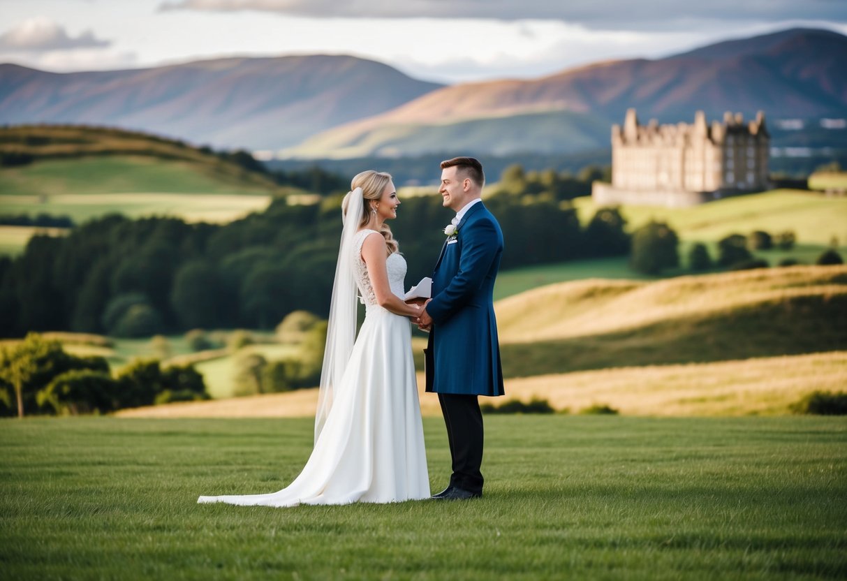A wedding officiant standing in front of a picturesque Scottish landscape, with rolling hills and a historic castle in the background