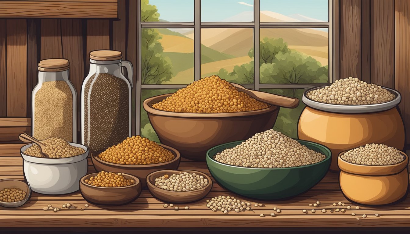 A rustic kitchen scene with various non-grain substitutes for farro, such as quinoa, cauliflower rice, and lentils, displayed on a wooden table