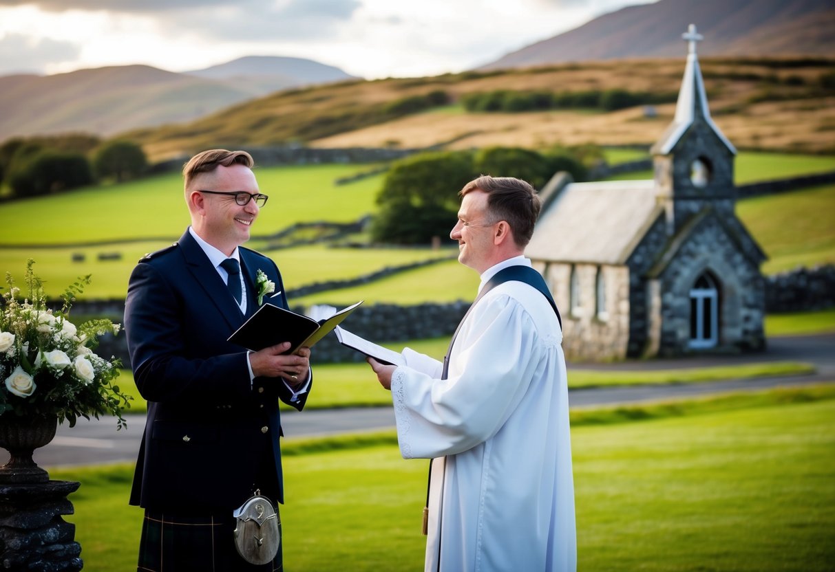 A wedding officiant stands in a picturesque Scottish setting, surrounded by rolling hills and a quaint stone chapel. The officiant exudes warmth and professionalism, ready to lead a meaningful ceremony