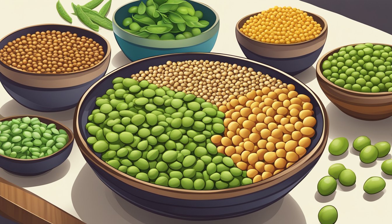 A table with a variety of fava bean substitutes: lentils, chickpeas, edamame, and green peas in colorful bowls