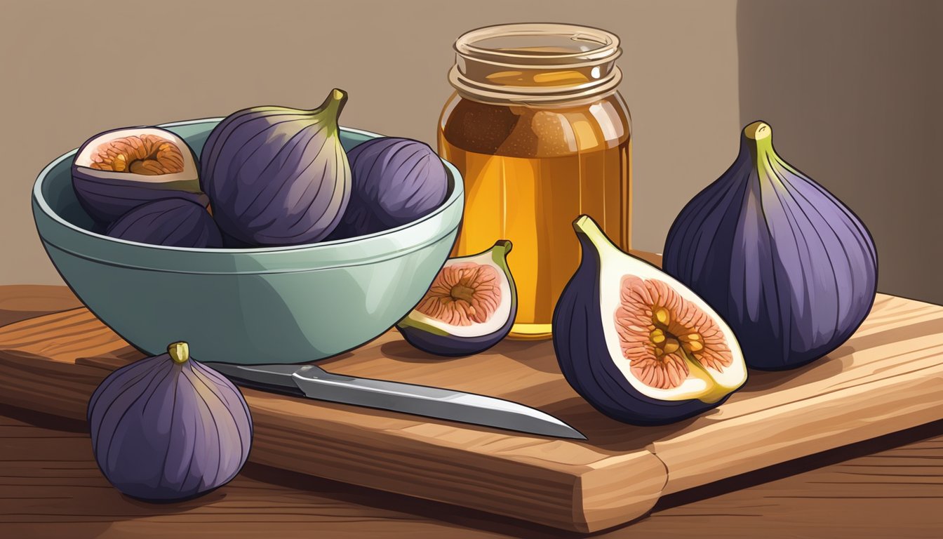 A bowl of ripe figs arranged on a wooden cutting board with a knife beside them. A jar of honey sits nearby