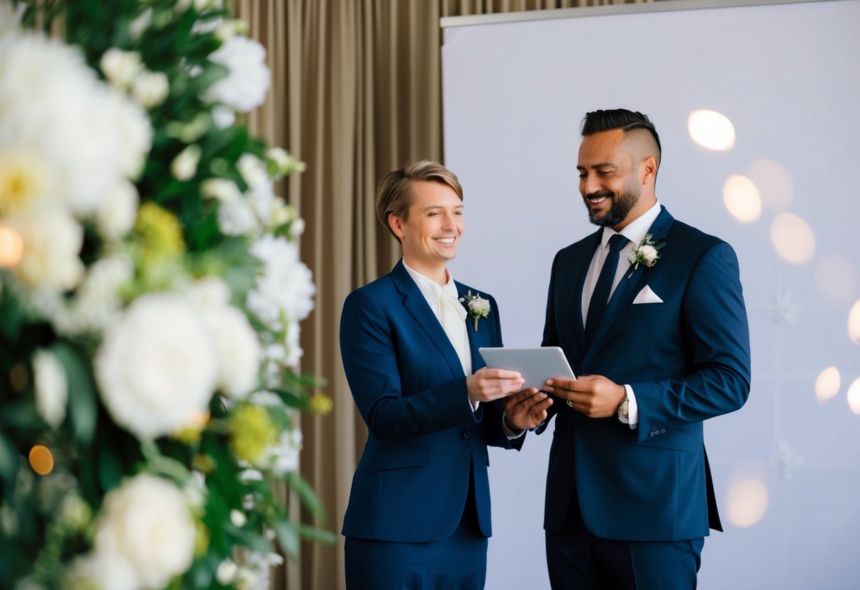 A civil celebrant stands in front of a generic backdrop, while a celebrant is surrounded by personalized elements reflecting their unique style and personality