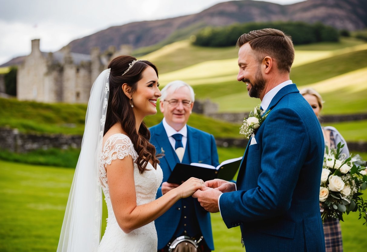 A traditional Scottish wedding scene with a couple exchanging vows outdoors, surrounded by lush green hills and a picturesque castle in the background