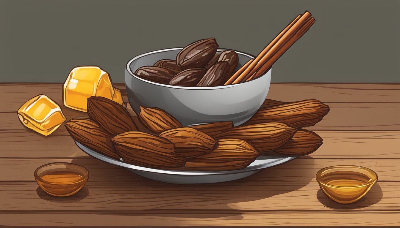 A bowl of ripe dates, honey, and cinnamon sticks on a wooden table