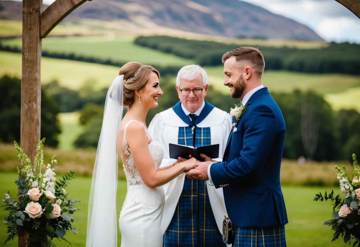 A traditional Scottish wedding ceremony with a wedding officiant presiding over the couple exchanging vows in a picturesque countryside setting