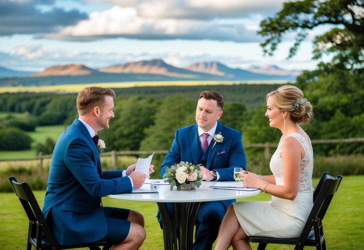 A couple and an officiant sit at a table, discussing wedding plans. Outside, the Scottish landscape provides a picturesque backdrop