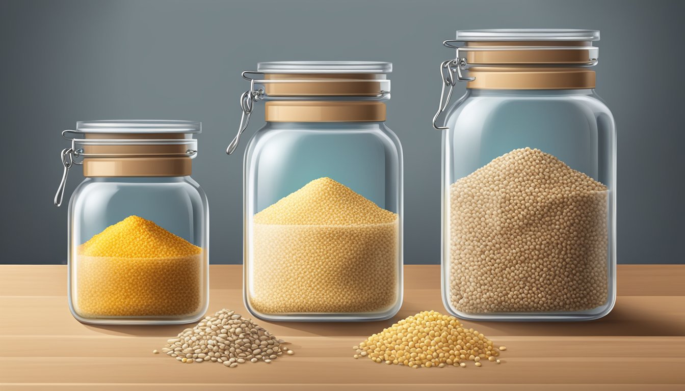 A kitchen counter with various grains (quinoa, barley, bulgur) in glass jars and a measuring cup