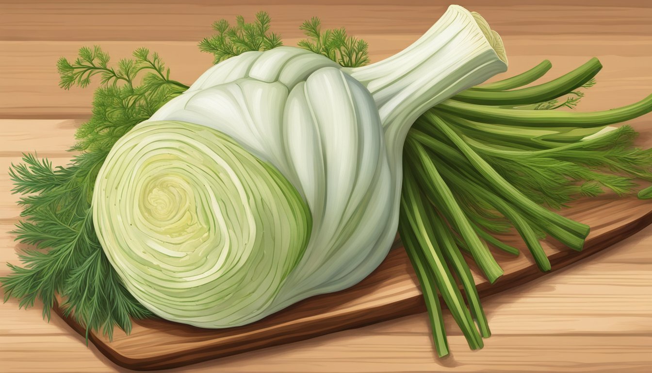 A vibrant bunch of fennel sits on a wooden cutting board, surrounded by various herbs and spices. The fennel is fresh and fragrant, with feathery green fronds and a bulbous white base