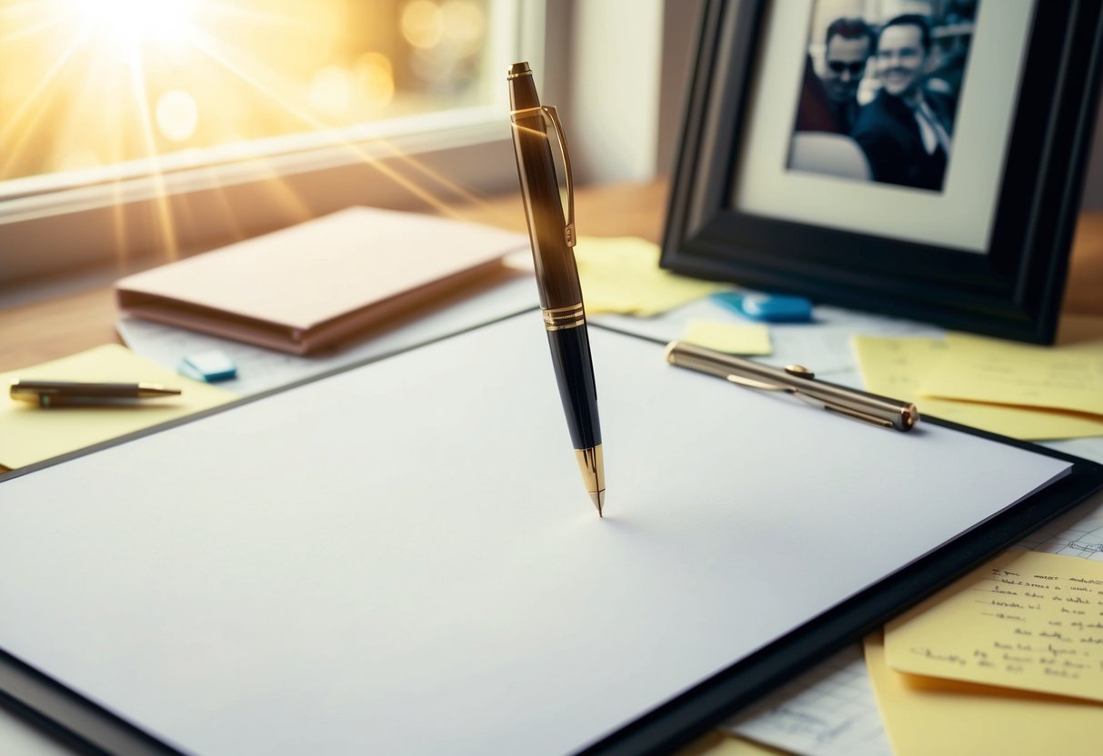 A pen hovers over a blank page, surrounded by scattered notes and a framed photograph. Sunshine streams in through a window, casting a warm glow over the scene