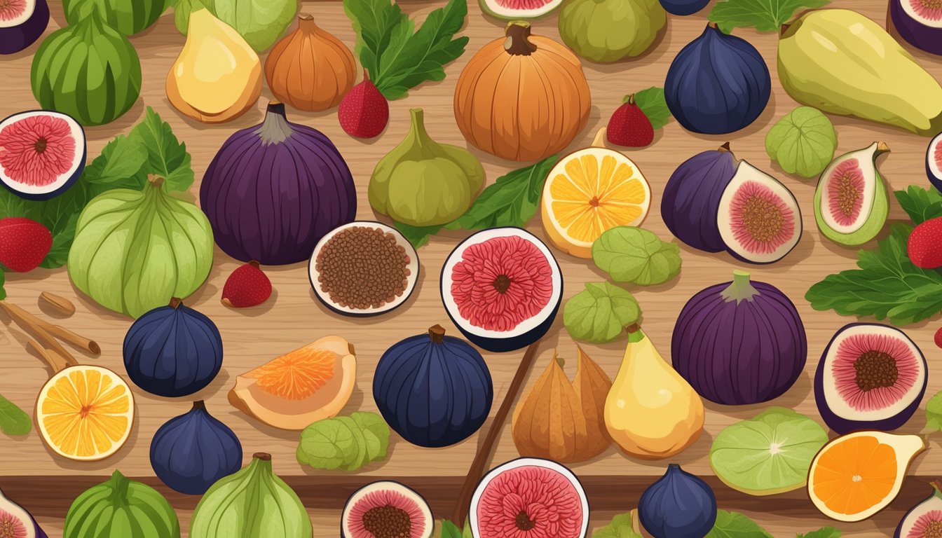 A variety of fig substitutes arranged on a wooden cutting board, surrounded by fresh fruits, vegetables, and grains