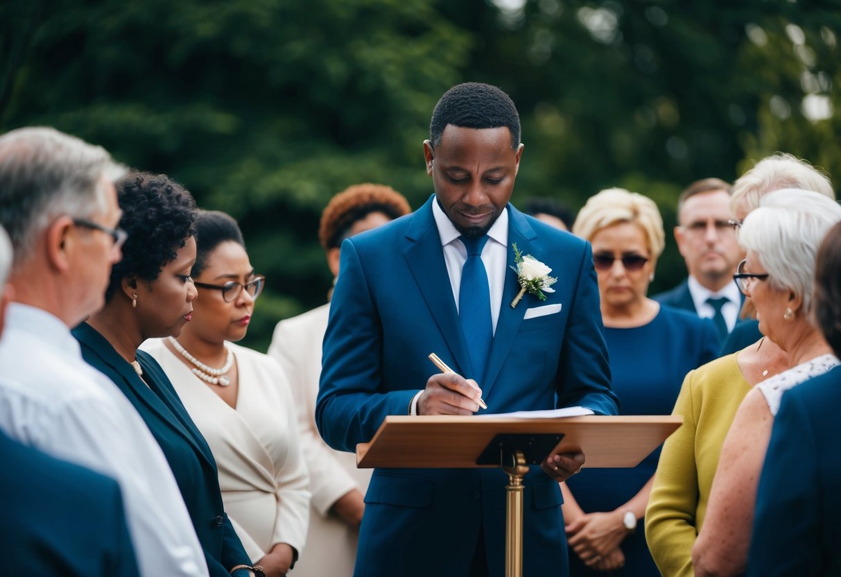 A celebrant stands at a lectern, surrounded by mourners. They hold a pen and paper, deep in thought as they prepare to write a eulogy