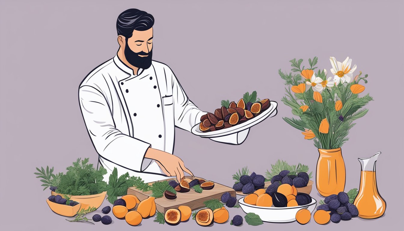 A chef arranging a platter with fig substitutes like dates, prunes, and apricots, alongside fresh herbs and edible flowers for garnishing