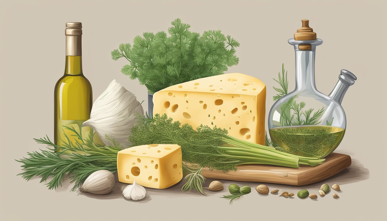 A variety of aromatic herbs and spices surround a bulb of fennel, including dill, tarragon, and coriander. A bottle of white wine and a wheel of aged cheese sit nearby