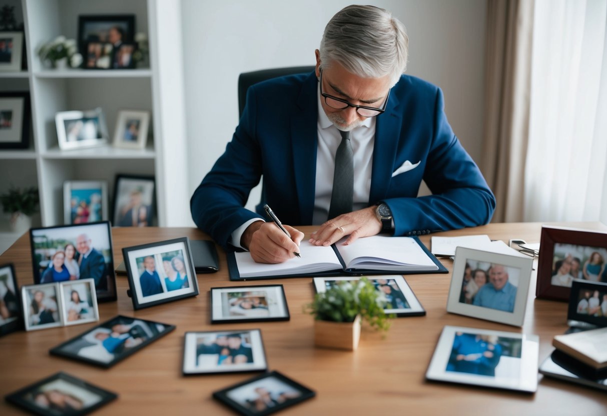 A person sitting at a desk, surrounded by photos and mementos, reflecting on memories while writing a eulogy