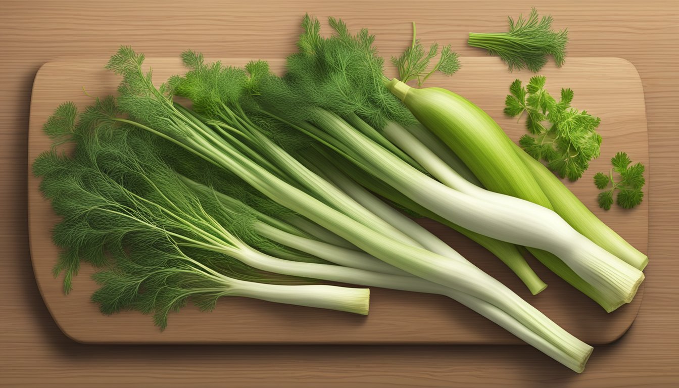 A colorful array of non-traditional fennel substitutes, including celery, dill, and anise, arranged on a wooden cutting board