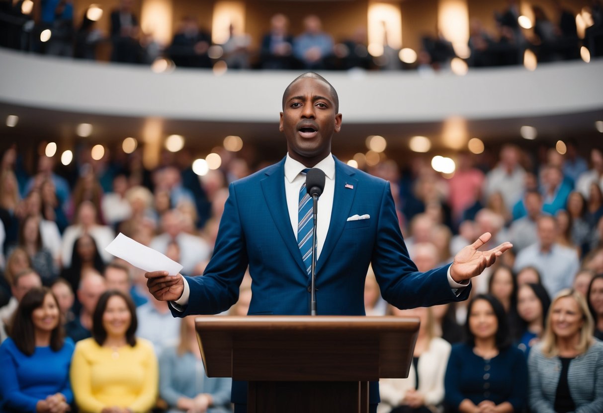 A person standing at a podium, surrounded by a supportive audience, holding a piece of paper and speaking with emotion