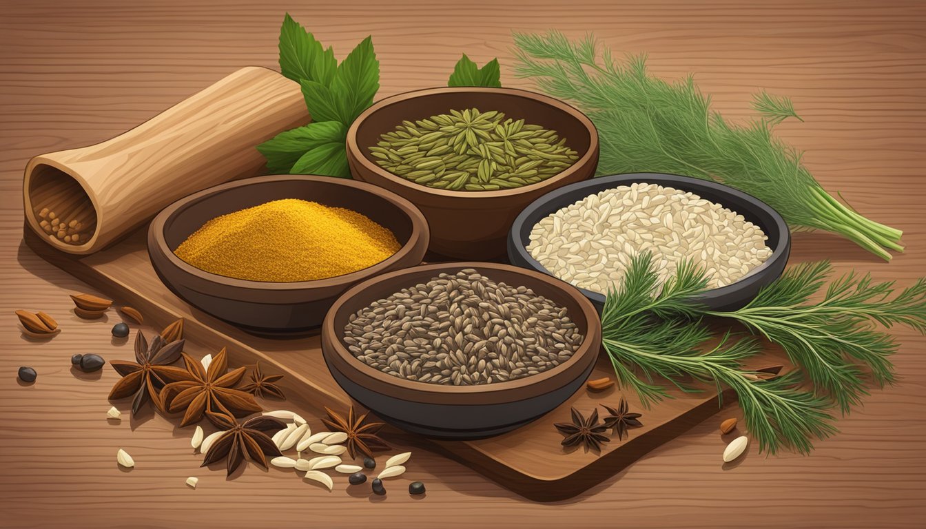 A still life of various spices, including anise seeds, cumin seeds, and dill seeds, arranged on a wooden cutting board