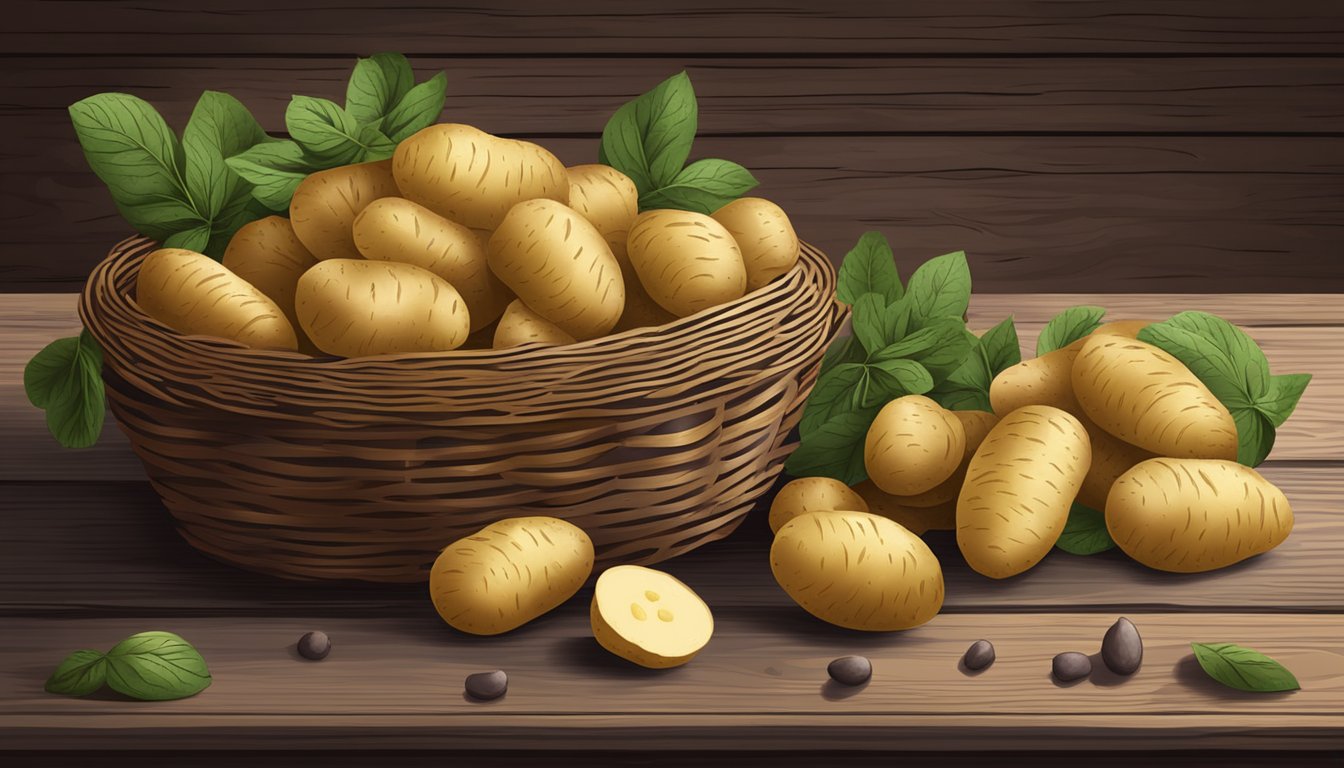 A pile of fingerling potatoes spilling out of a wicker basket onto a rustic wooden table