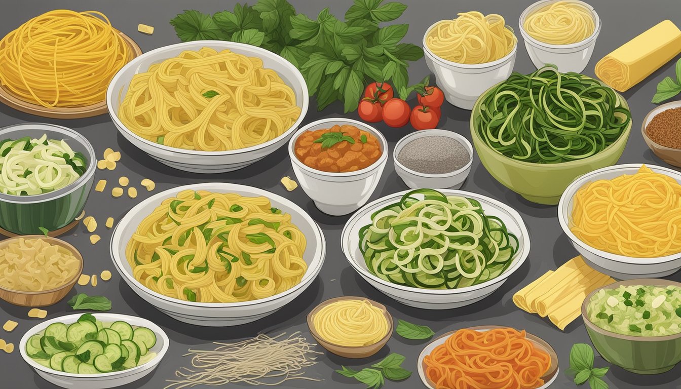 A steaming plate of fettuccine pasta with various alternative substitutes displayed alongside, such as zucchini noodles, spaghetti squash, and gluten-free pasta