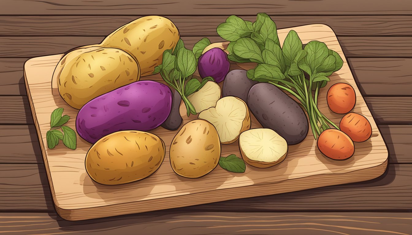 A colorful array of different potato varieties, including fingerling potatoes, arranged on a wooden cutting board