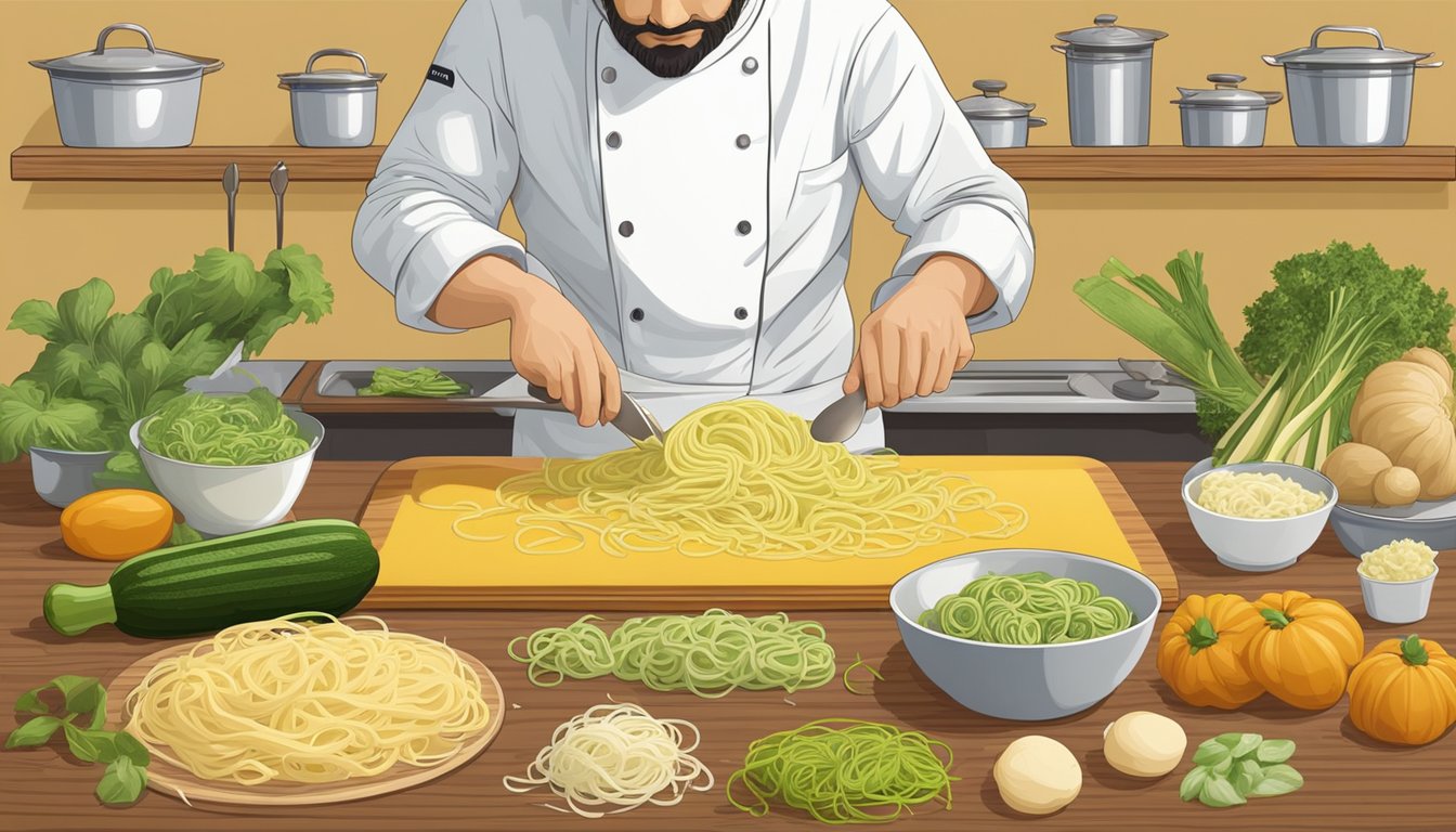 A chef prepares various fettuccine pasta substitutes, such as zucchini noodles, spaghetti squash, and shirataki noodles, laid out on a wooden cutting board