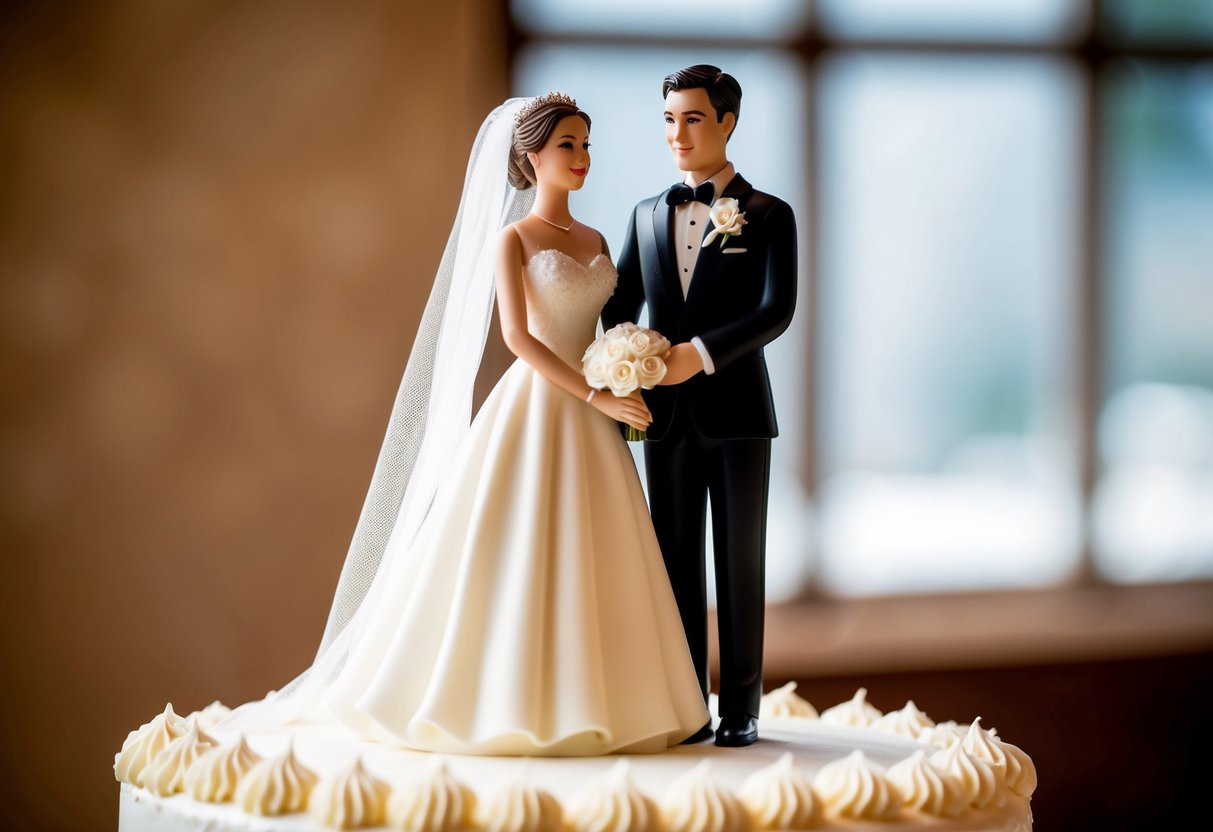 A bride and groom figurine standing side by side on a wedding cake