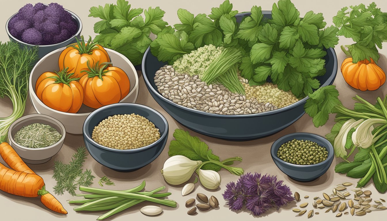 A variety of fresh herbs and vegetables arranged next to a bowl of fennel seeds