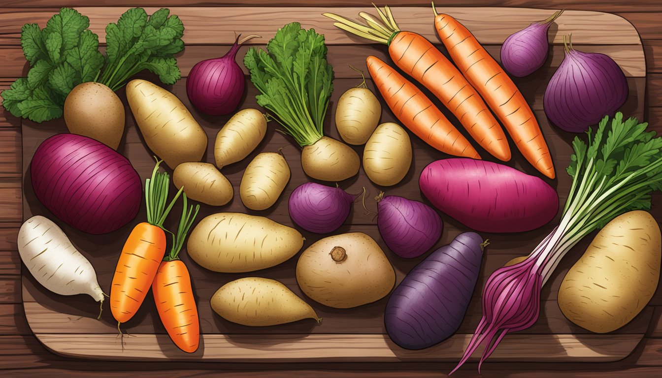 A colorful array of fingerling potatoes, alongside carrots, beets, and parsnips, arranged on a rustic wooden cutting board