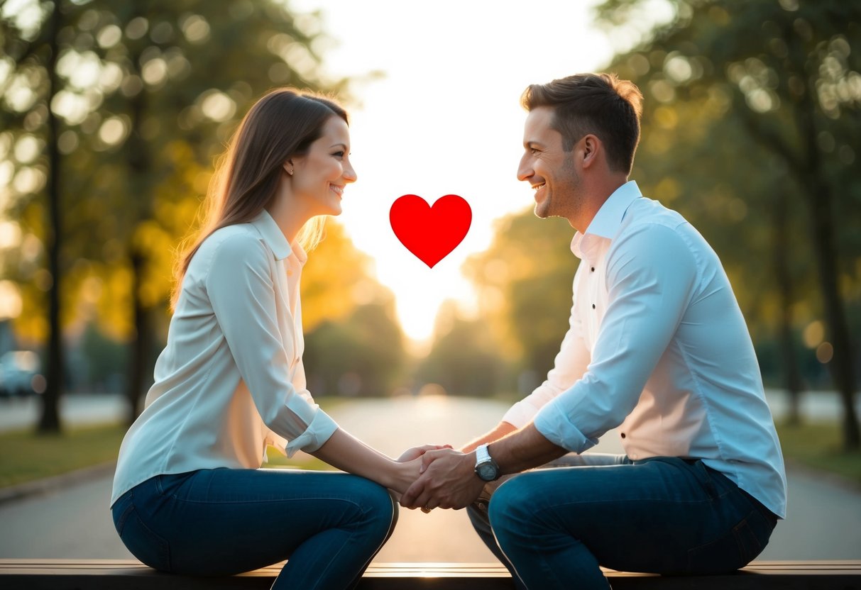 A couple sitting together, facing each other, holding hands, with a heart-shaped symbol floating between them
