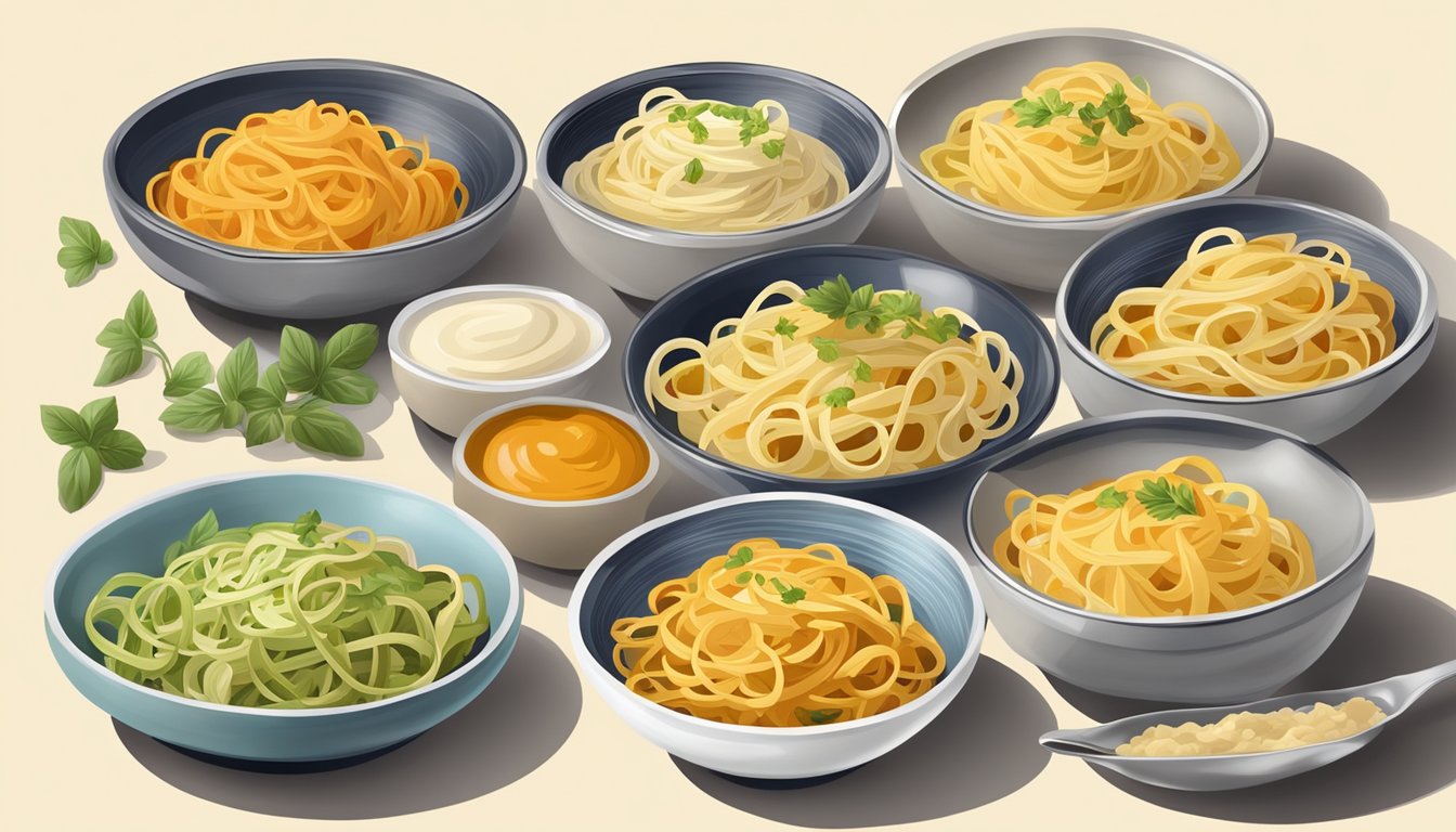 A plate of fettuccine pasta substitutes being paired with various sauces in small bowls