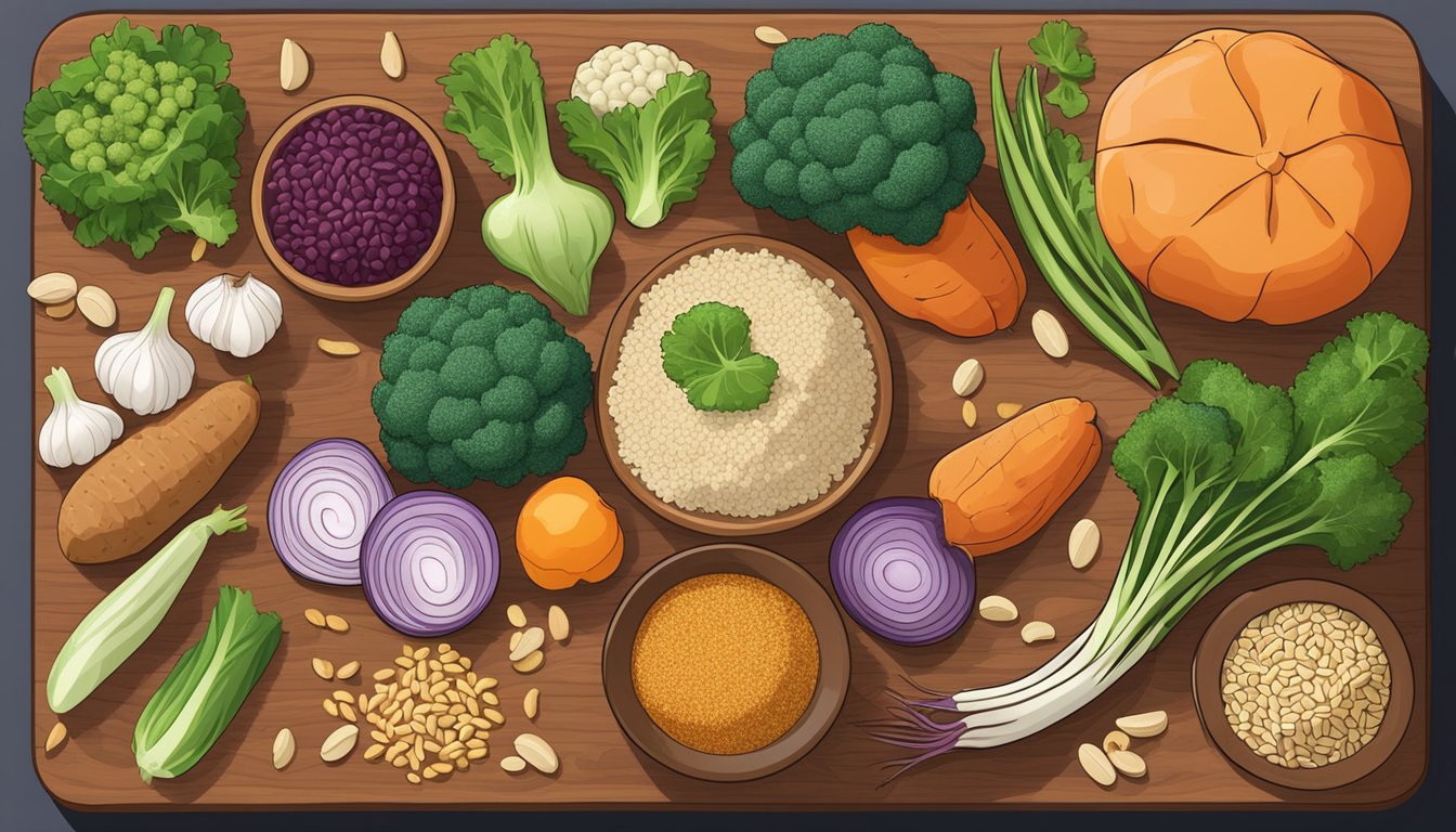 A variety of vegetables and grains arranged on a wooden cutting board, including sweet potatoes, quinoa, and cauliflower, with a bowl of mixed nuts nearby