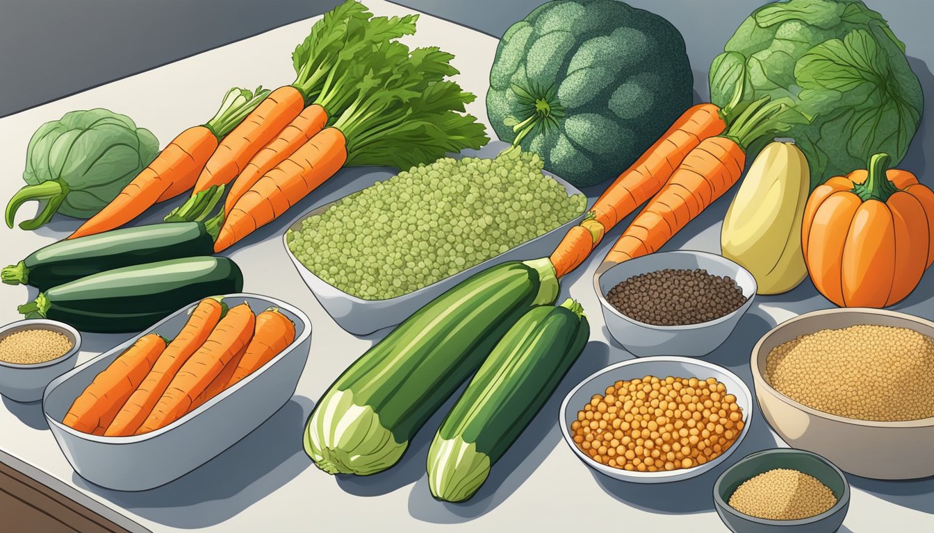 A colorful array of vegetables and grains, including zucchini, carrots, and quinoa, arranged on a kitchen counter