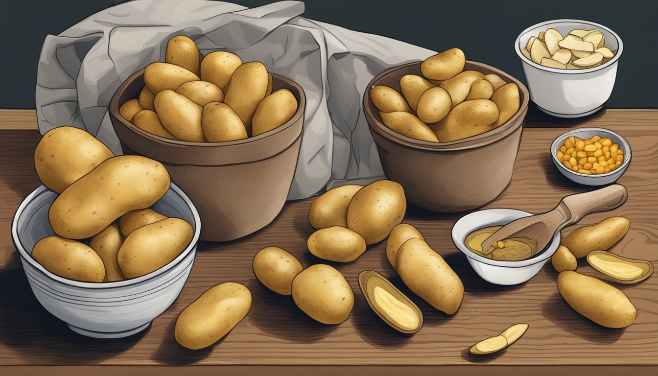 A hand reaching for a bag of fingerling potatoes, next to a cutting board with a knife and a bowl of prepared substitutes