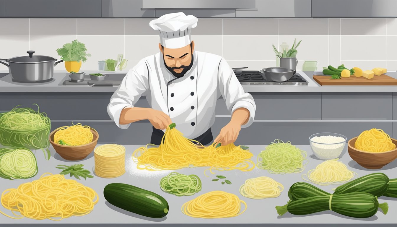 A chef expertly prepares various fettuccine pasta substitutes, including zucchini noodles, spaghetti squash, and shirataki noodles, using different cooking techniques