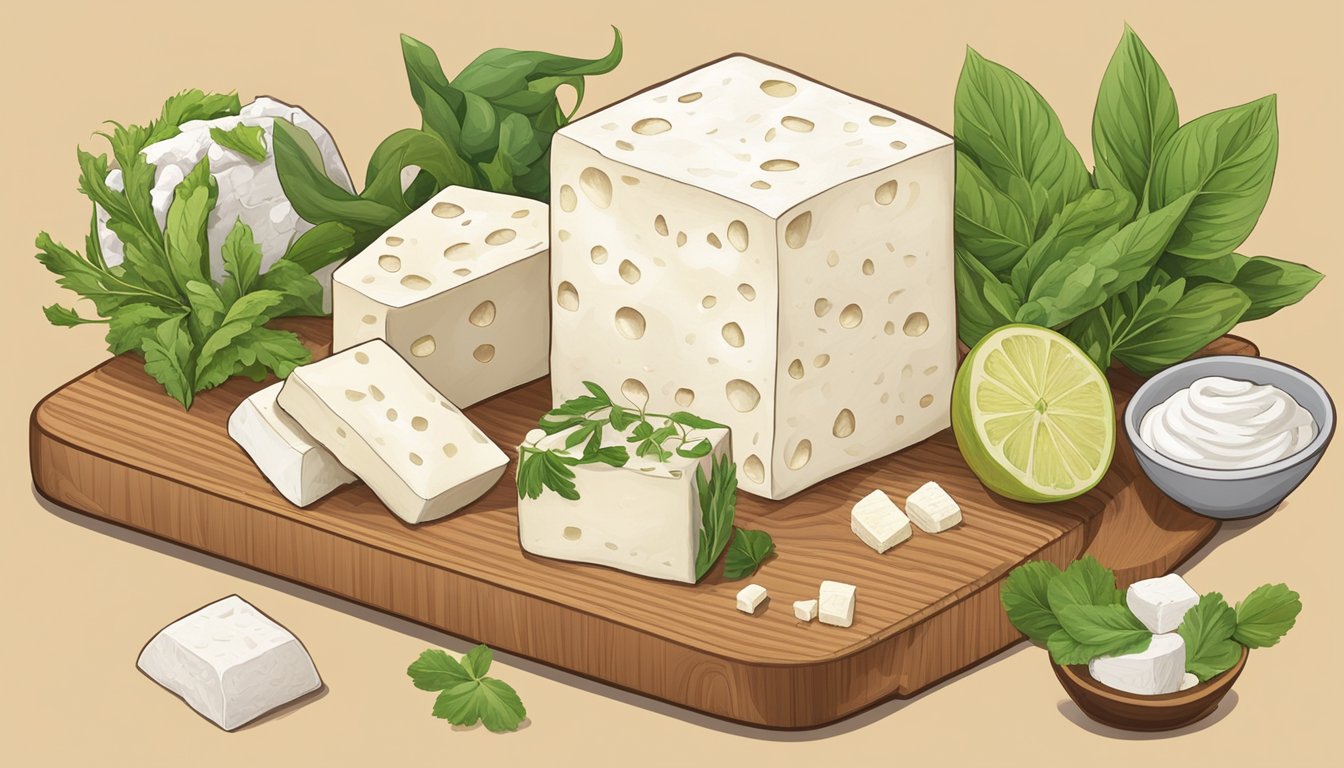 A block of feta cheese surrounded by various substitute options such as tofu, goat cheese, and plant-based alternatives on a wooden cutting board