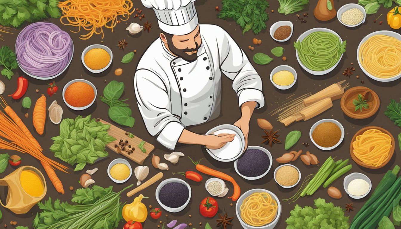 A chef experimenting with various ingredients to create unique fettuccine pasta substitutes, surrounded by colorful vegetables and spices