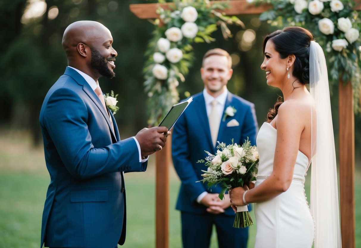 A celebrant leading a personalized outdoor wedding ceremony with natural surroundings