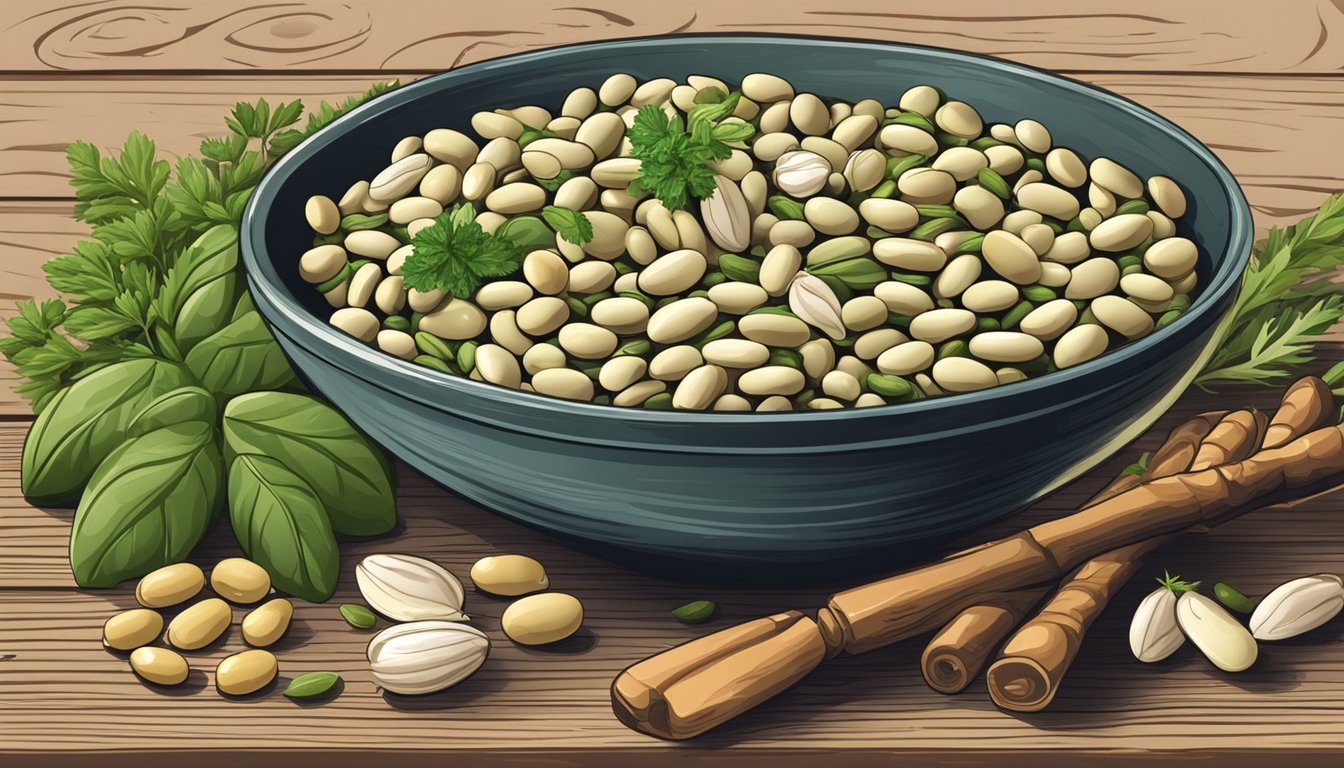 A bowl of flageolet beans surrounded by fresh herbs and other types of beans on a rustic wooden table