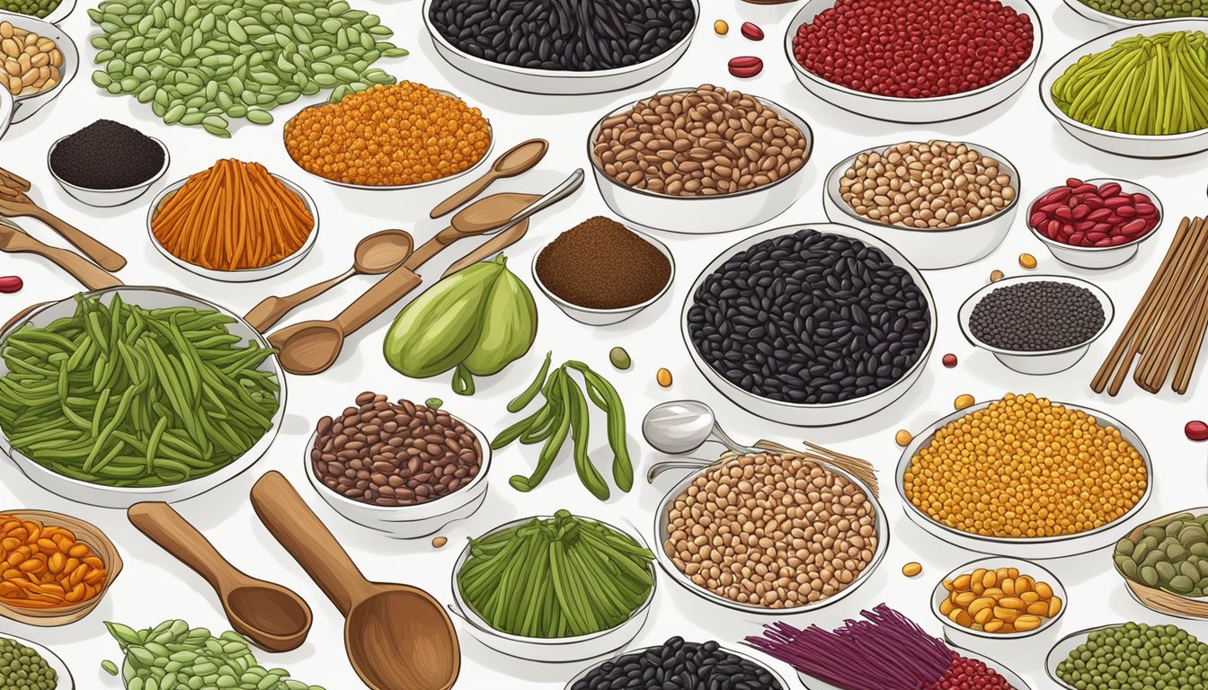 A colorful array of different types of beans arranged in groups, with a variety of kitchen utensils nearby