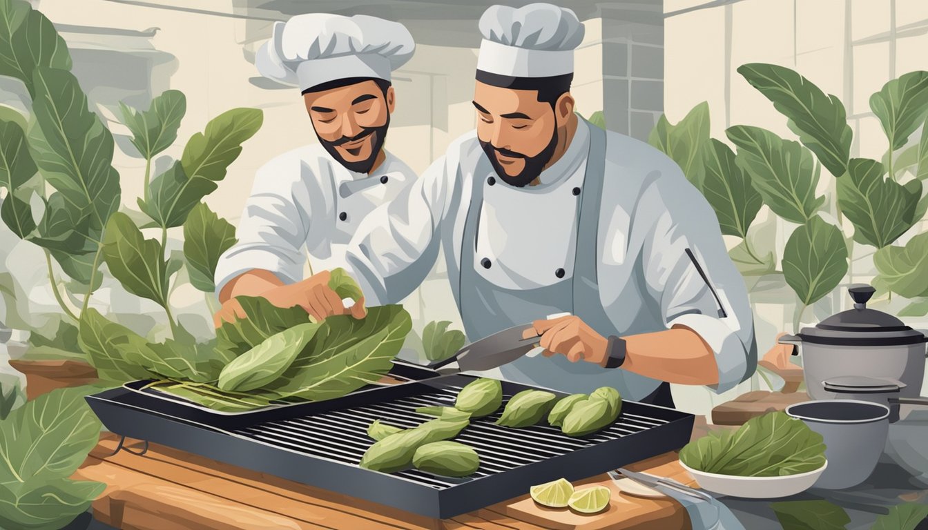 A chef using fig leaves to wrap and cook fish on a grill