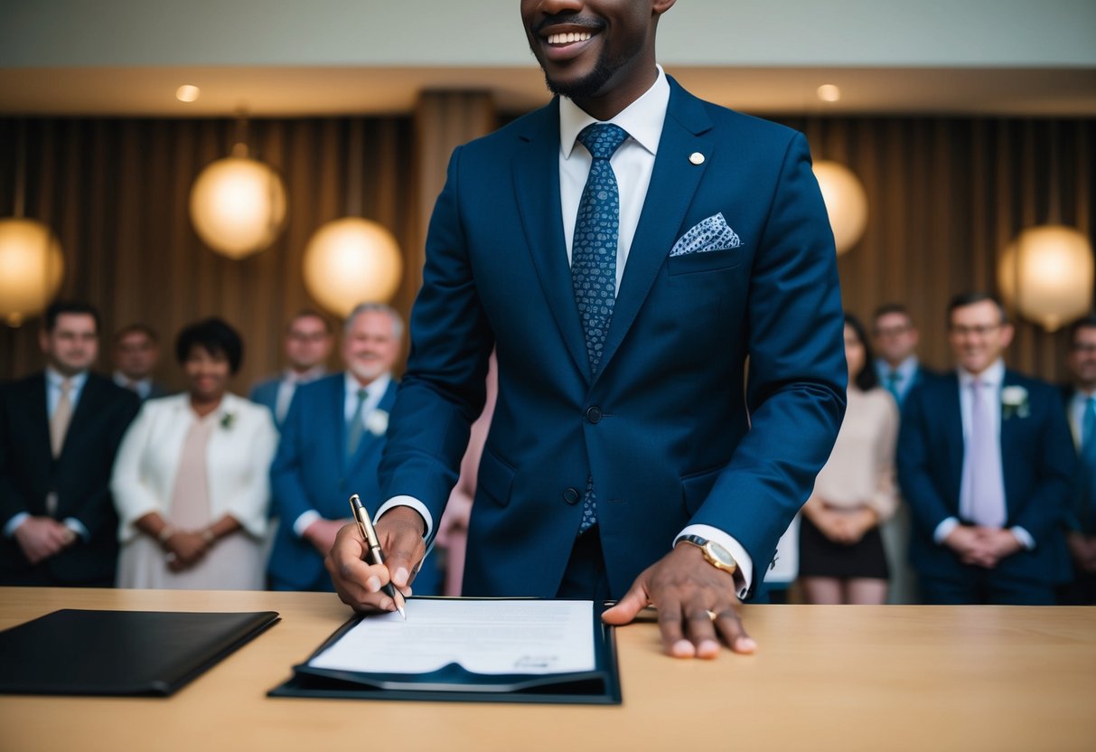 A celebrant stands before an official-looking document, with a pen in hand and a satisfied expression on their face